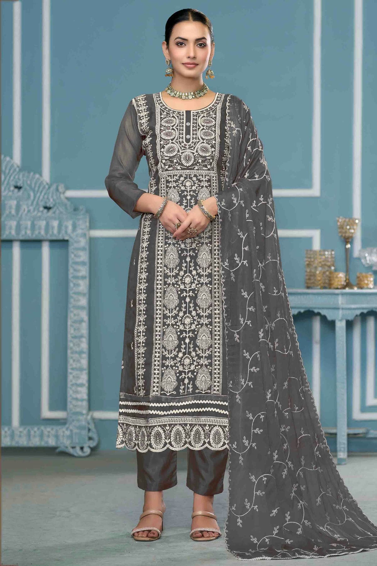 Grey Colour Viscose Organza Pant Style Suit VSSM1113204