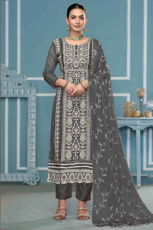 Grey Colour Viscose Organza Pant Style Suit VSSM1113204