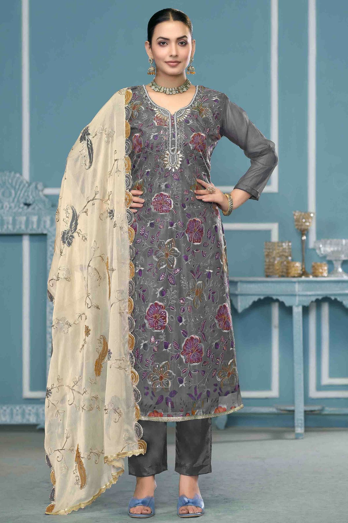 Grey Colour Viscose Organza Pant Style Suit VSSM1113262