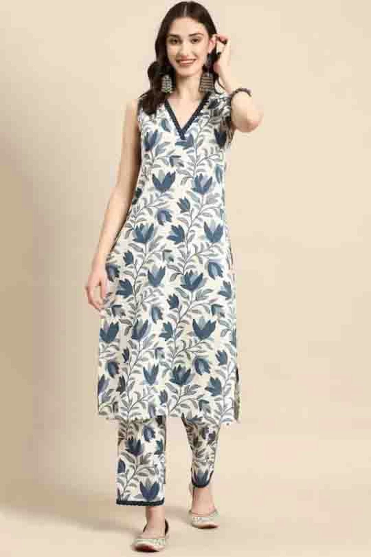 Grey Colour Viscose Printed Top and Bottom VSSS1113664