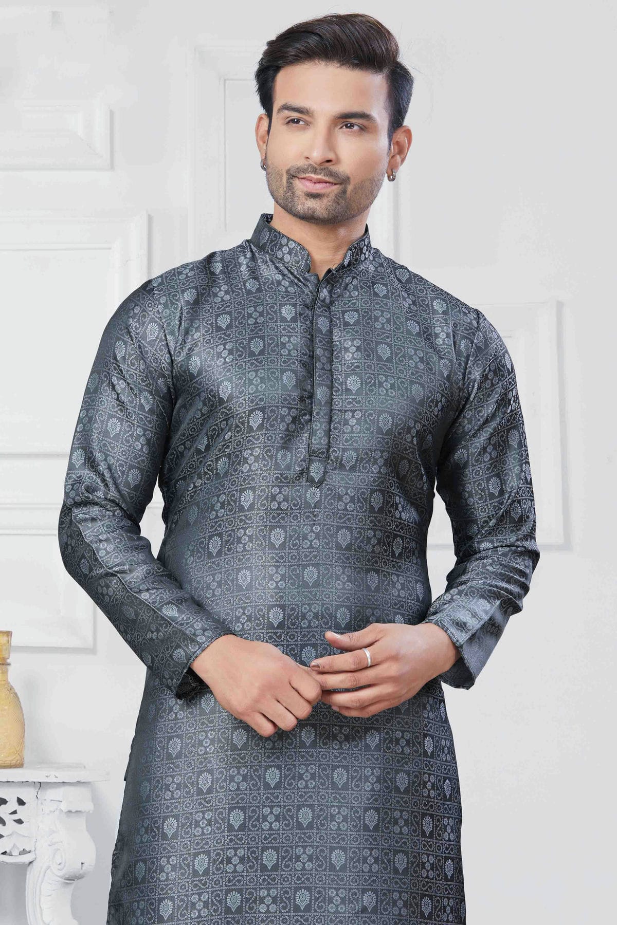 Grey Colour Woven Jacquard Silk Kurta Pajama VSKP1113449