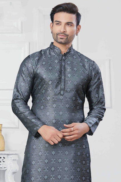 Grey Colour Woven Jacquard Silk Kurta Pajama VSKP1113449