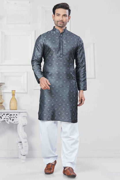 Grey Colour Woven Jacquard Silk Kurta Pajama VSKP1113449