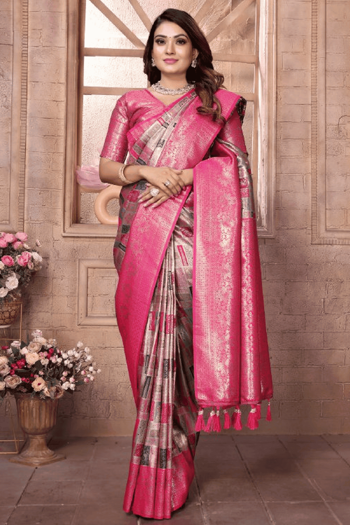 Grey Colour Woven Work Banarasi Chaturi Silk Traditional Saree