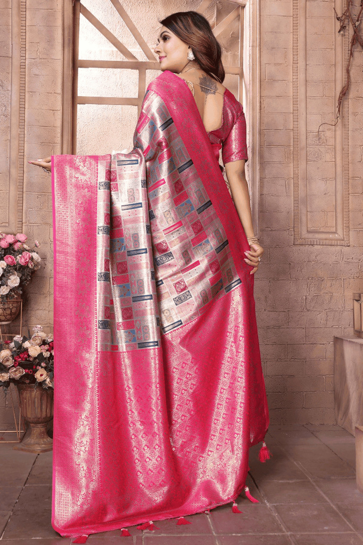 Grey Colour Woven Work Banarasi Chaturi Silk Traditional Saree