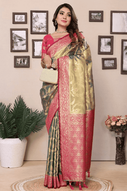 Grey Colour Woven Work Pure Banarasi Tissue Silk Traditional Saree