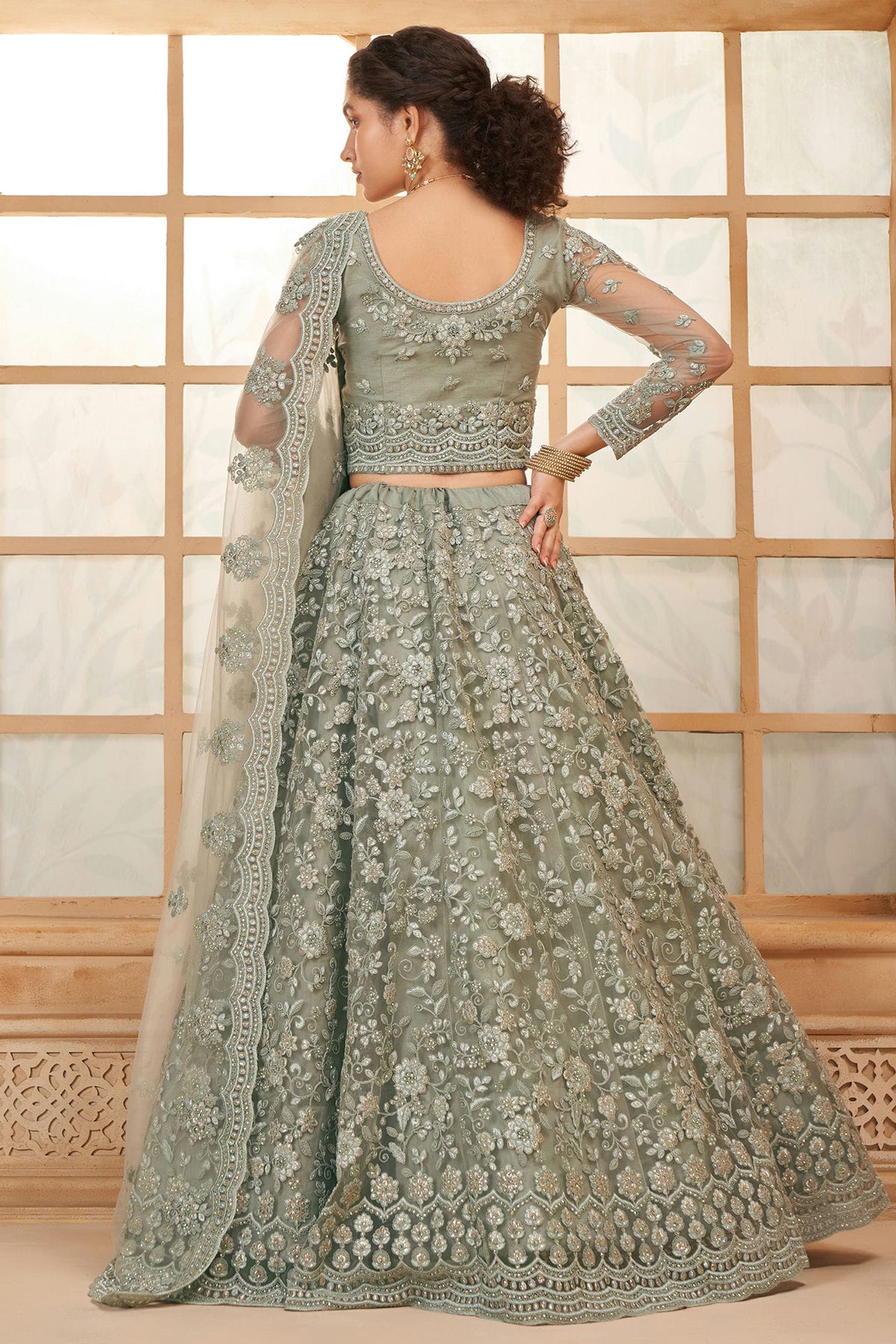 Grey Embroidery Net and SilK Lehenga Choli VSLC1290142