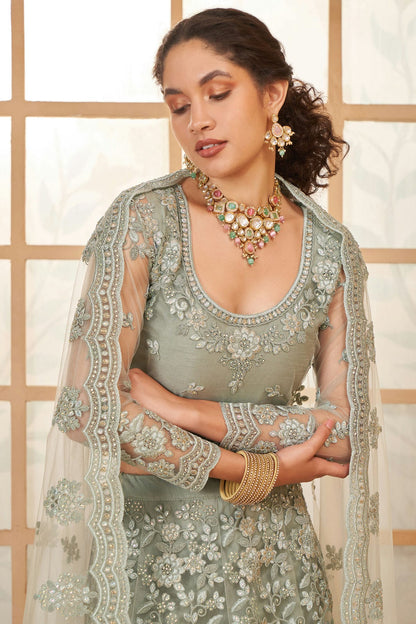 Grey Embroidery Net and SilK Lehenga Choli VSLC1290142