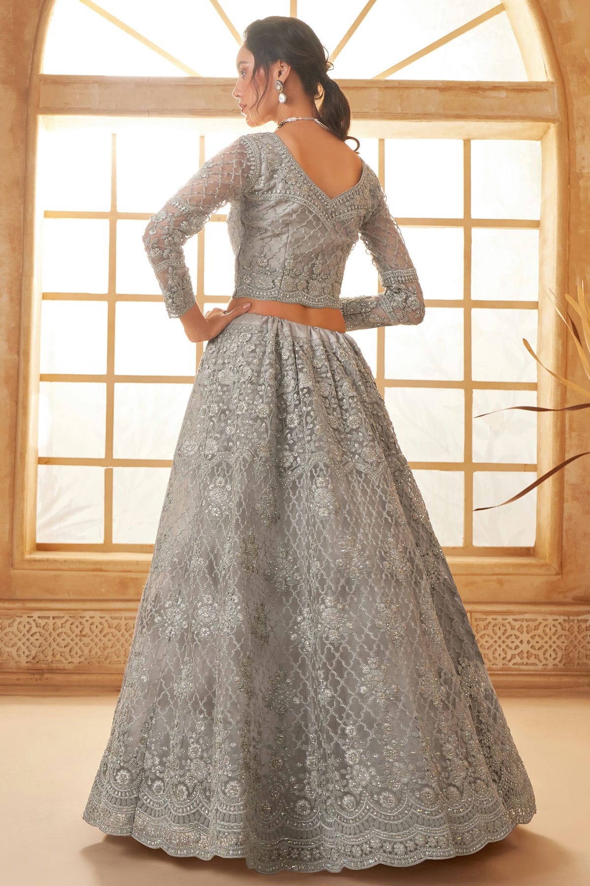 Grey Embroidery Net and SilK Lehenga Choli VSLC1290144