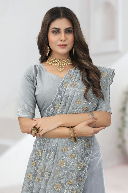 Grey Colour Net Saree VSSD1090838