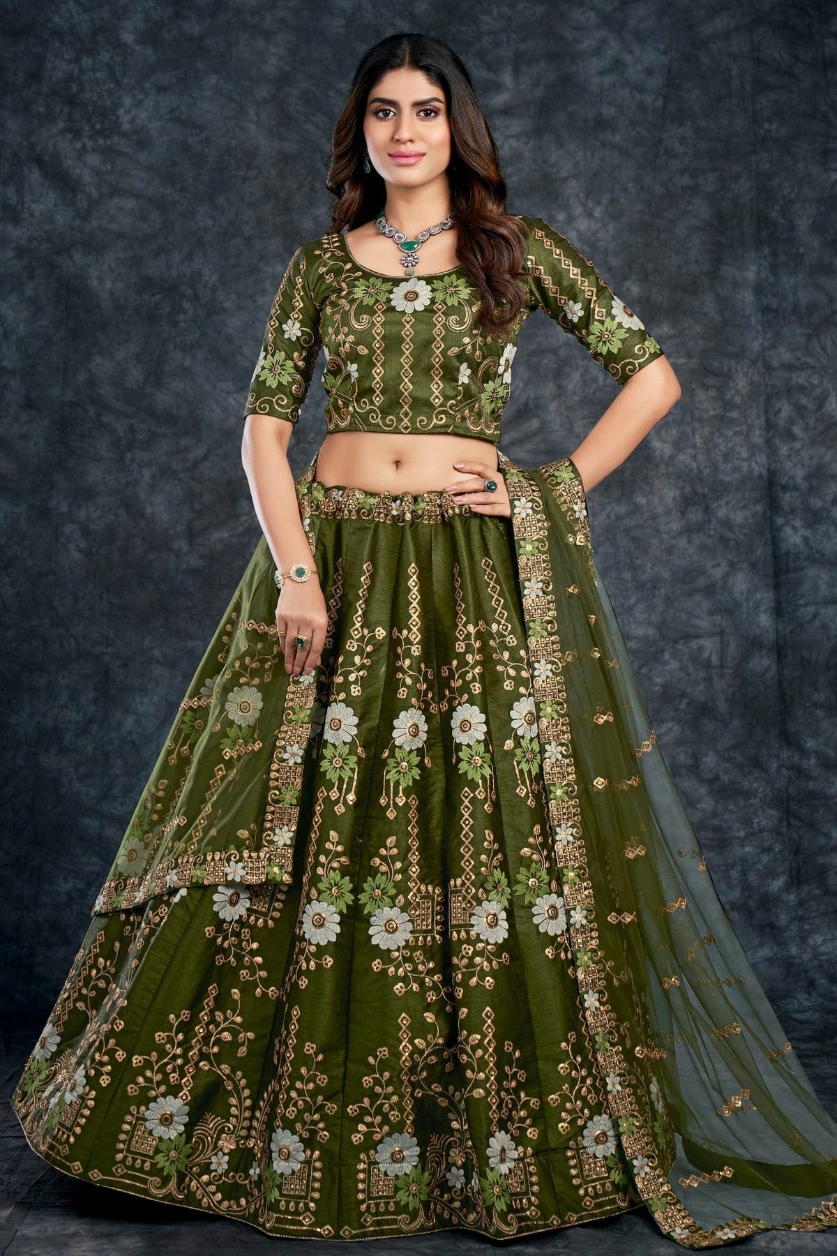 Italian Silk Designer Lehenga CholiIn Mehendi Green NCLC12710160