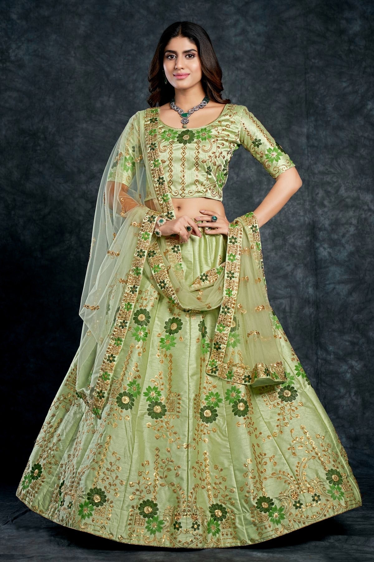 Italian Silk Designer Lehenga CholiIn Pista Green NCLC12710159