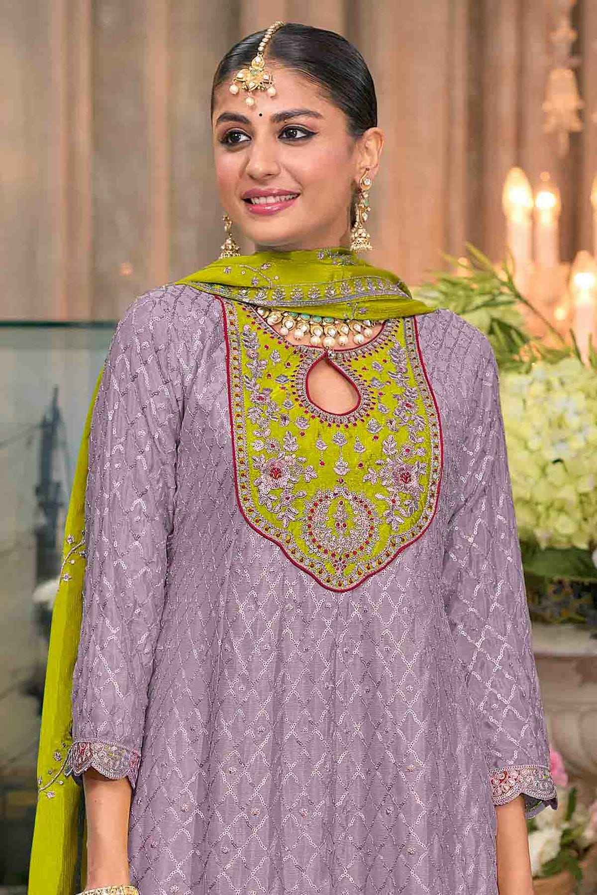 Lavender Colour Chinon Stitched Patiala Suit VSSS1140963