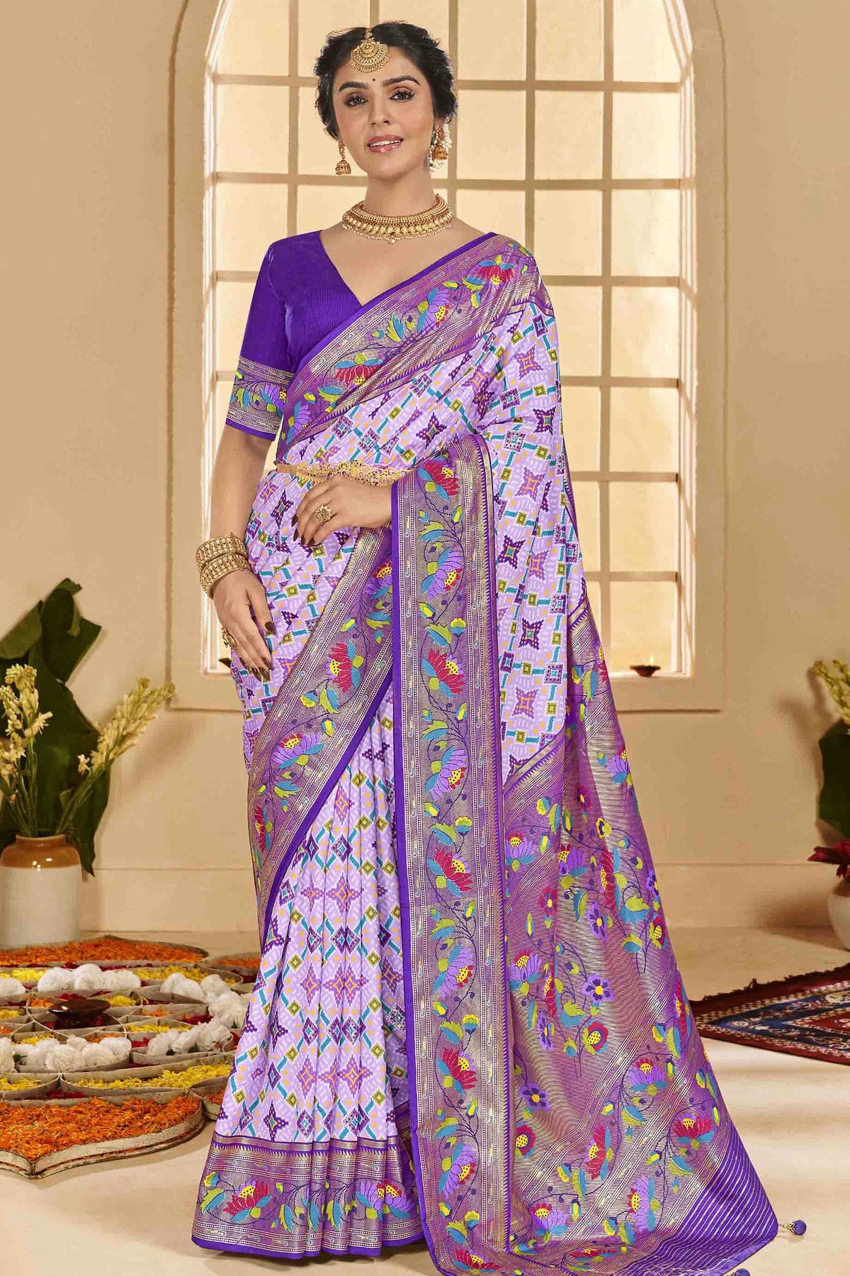 Lavender Colour Cotton Silk Ikkat Printed Traditional Saree VSSD1113587