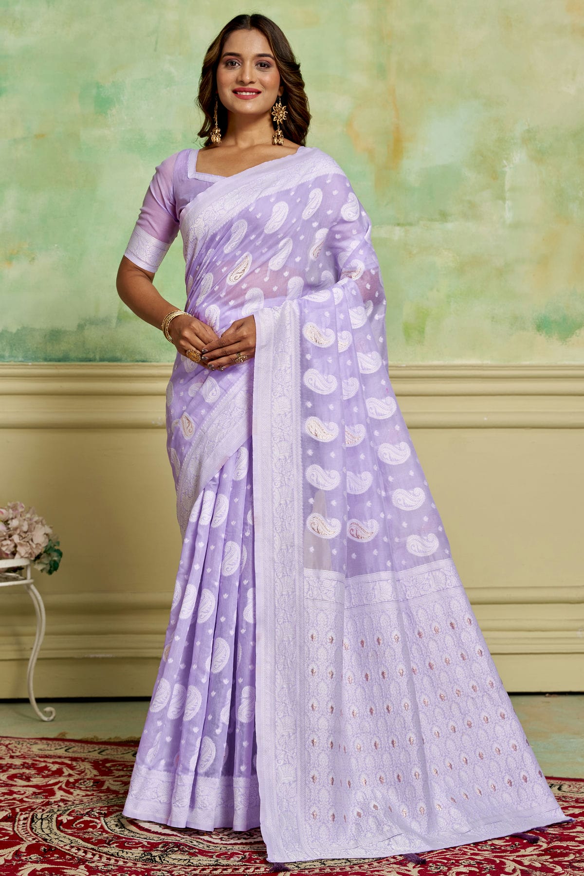 Lavender Colour Cotton Traditional Saree