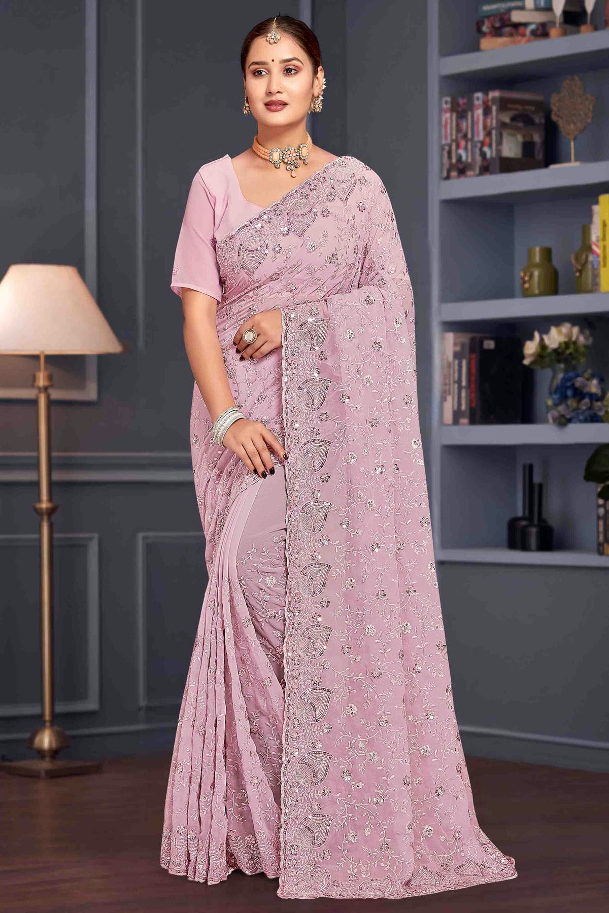 Lavender Colour Georgette Embroidery Work Designer Saree VSSD1091247