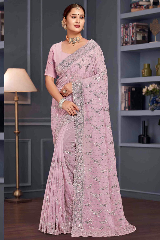 Lavender Colour Georgette Embroidery Work Designer Saree VSSD1091251