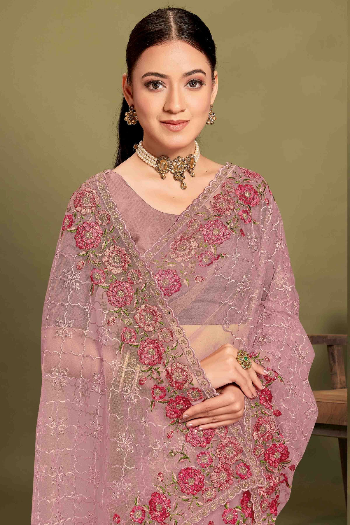 Lavender Colour Net Embroidery Work Designer Saree VSSD1091241