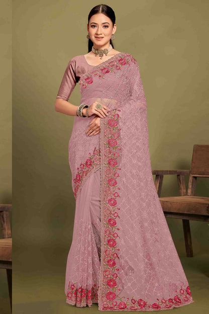 Lavender Colour Net Embroidery Work Designer Saree VSSD1091241
