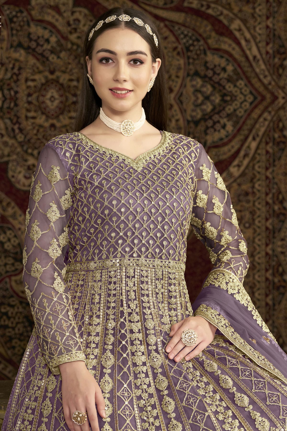 Lavender Colour Net Semi Stitched Anarkali Suit VSSM1050659