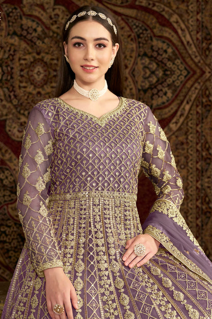 Lavender Colour Net Semi Stitched Anarkali Suit VSSM1050659