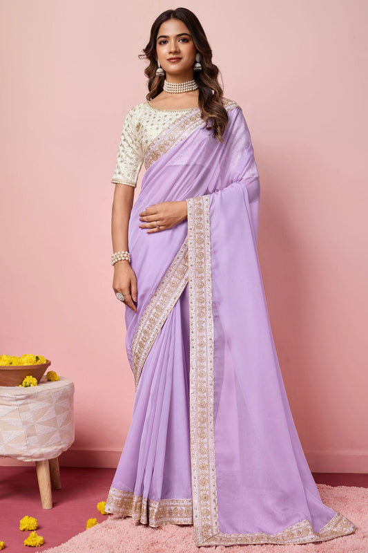 Lavender Colour Organza Designer Saree