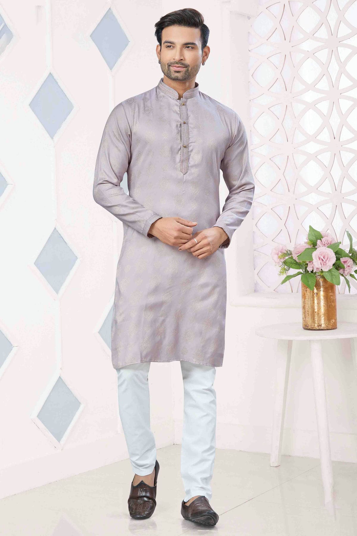 Lavender Colour Pintex Work and Woven Jacquard Silk Kurta Pajama VSKP1113404