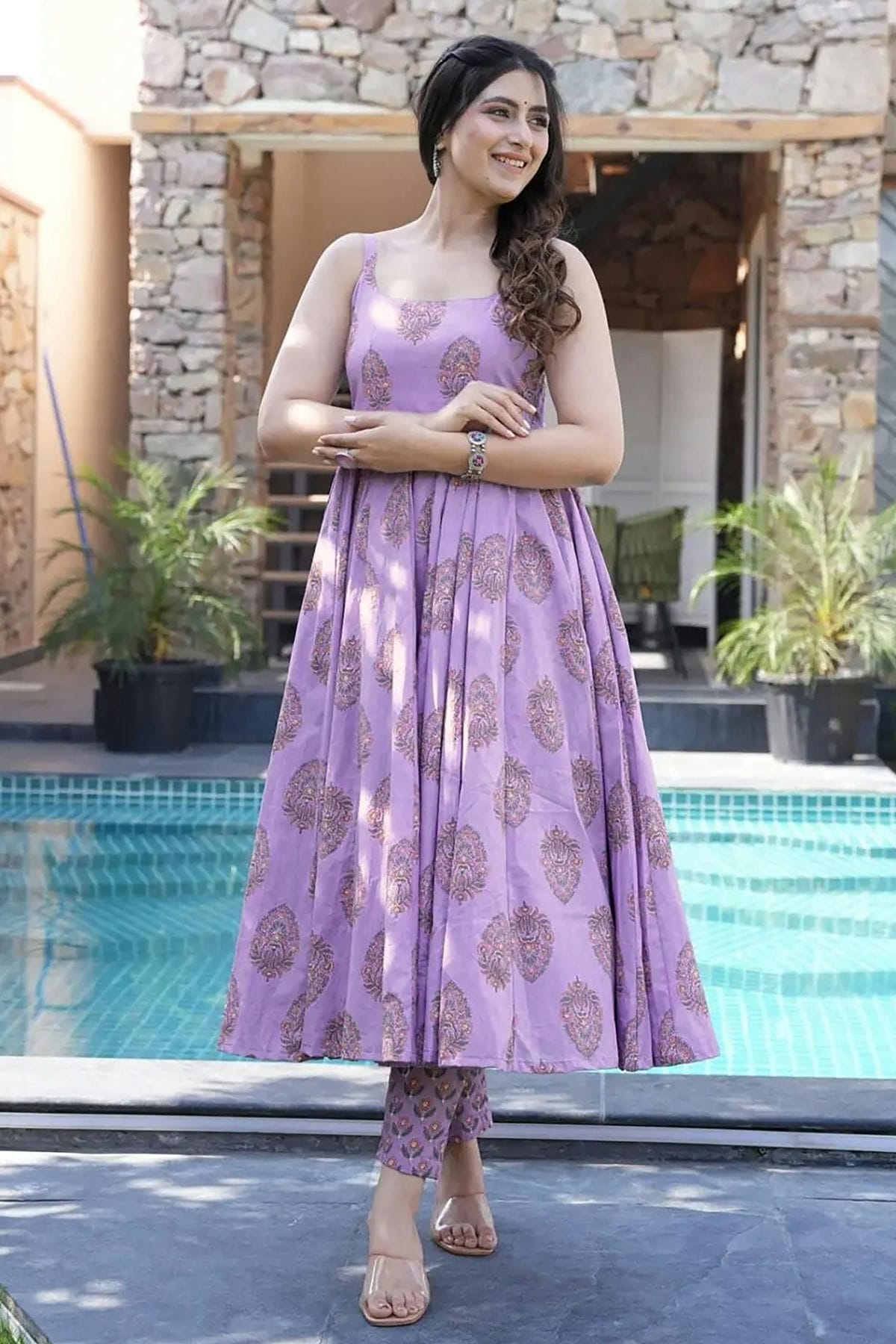 Lavender Colour Printed Muslin Stitched Suit VSSS1112462