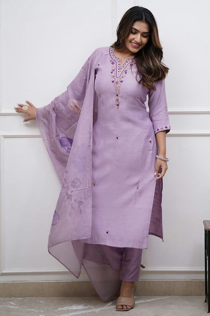 Lavender Colour Rayon Slub Stitched Suit