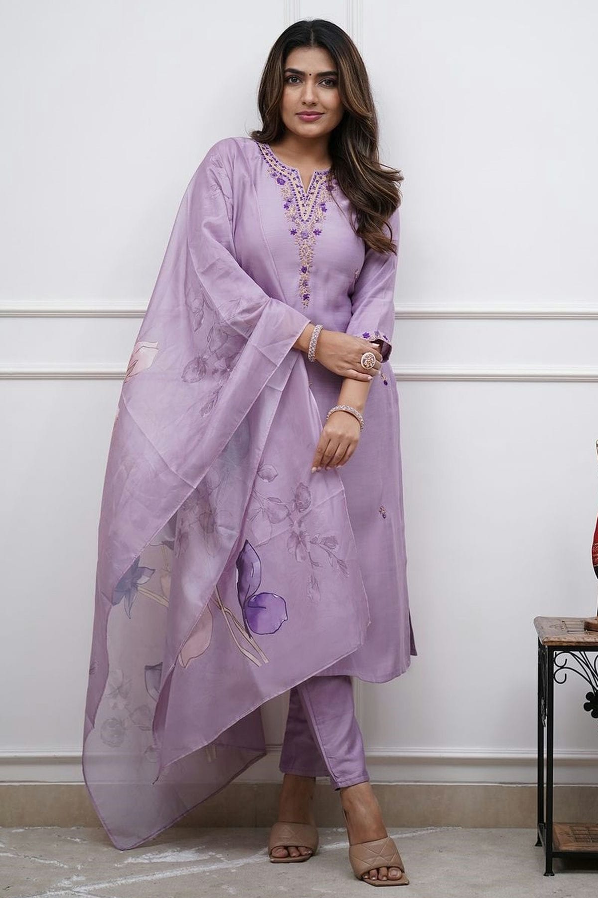 Lavender Colour Rayon Slub Stitched Suit