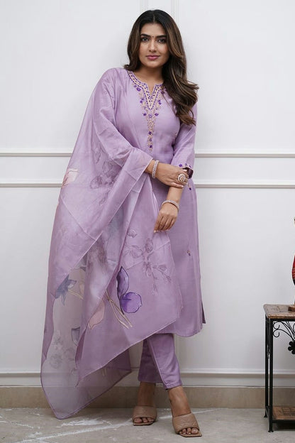 Lavender Colour Rayon Slub Stitched Suit