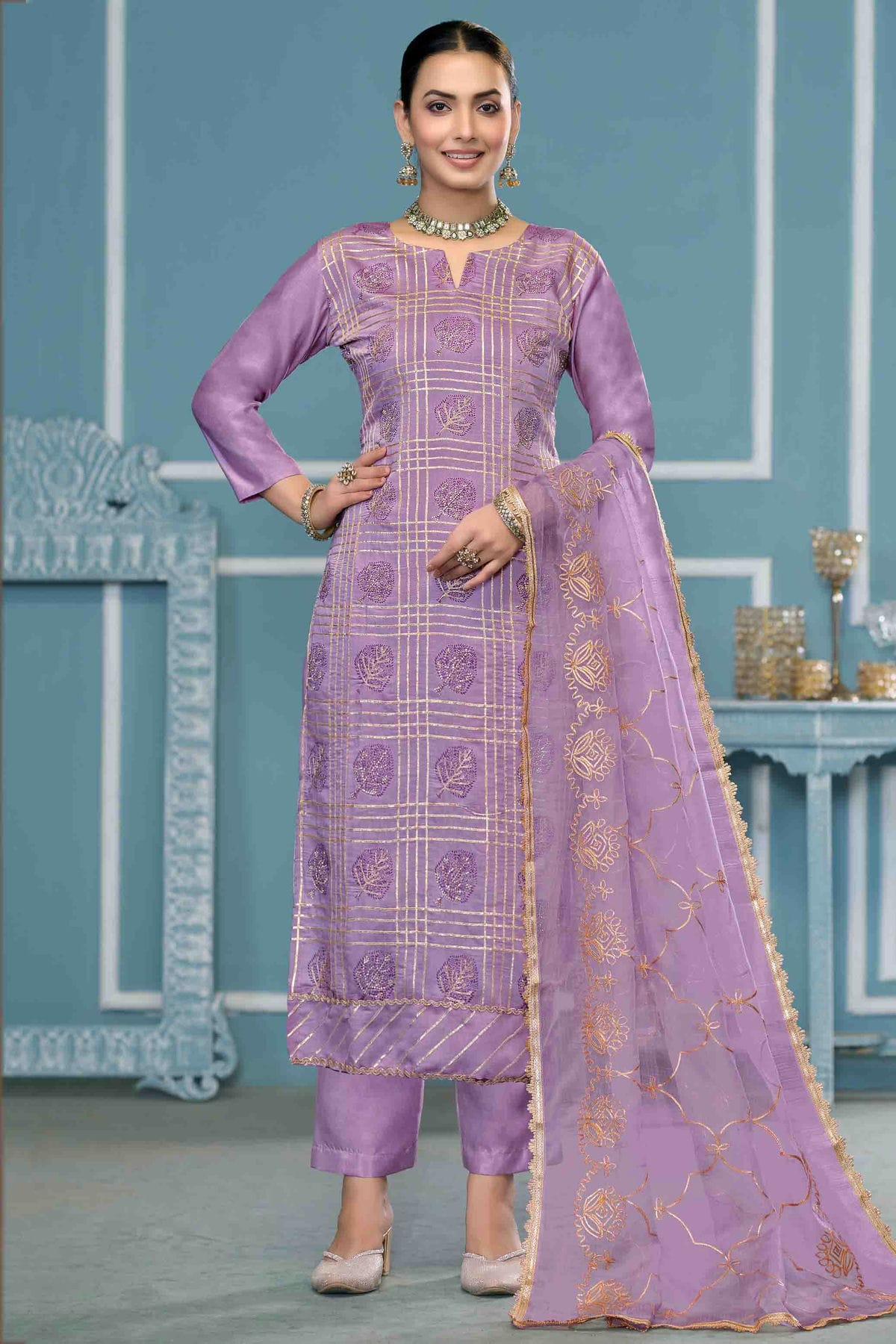 Lavender Colour Roman Cotton Pant Style Suit VSSM1113268