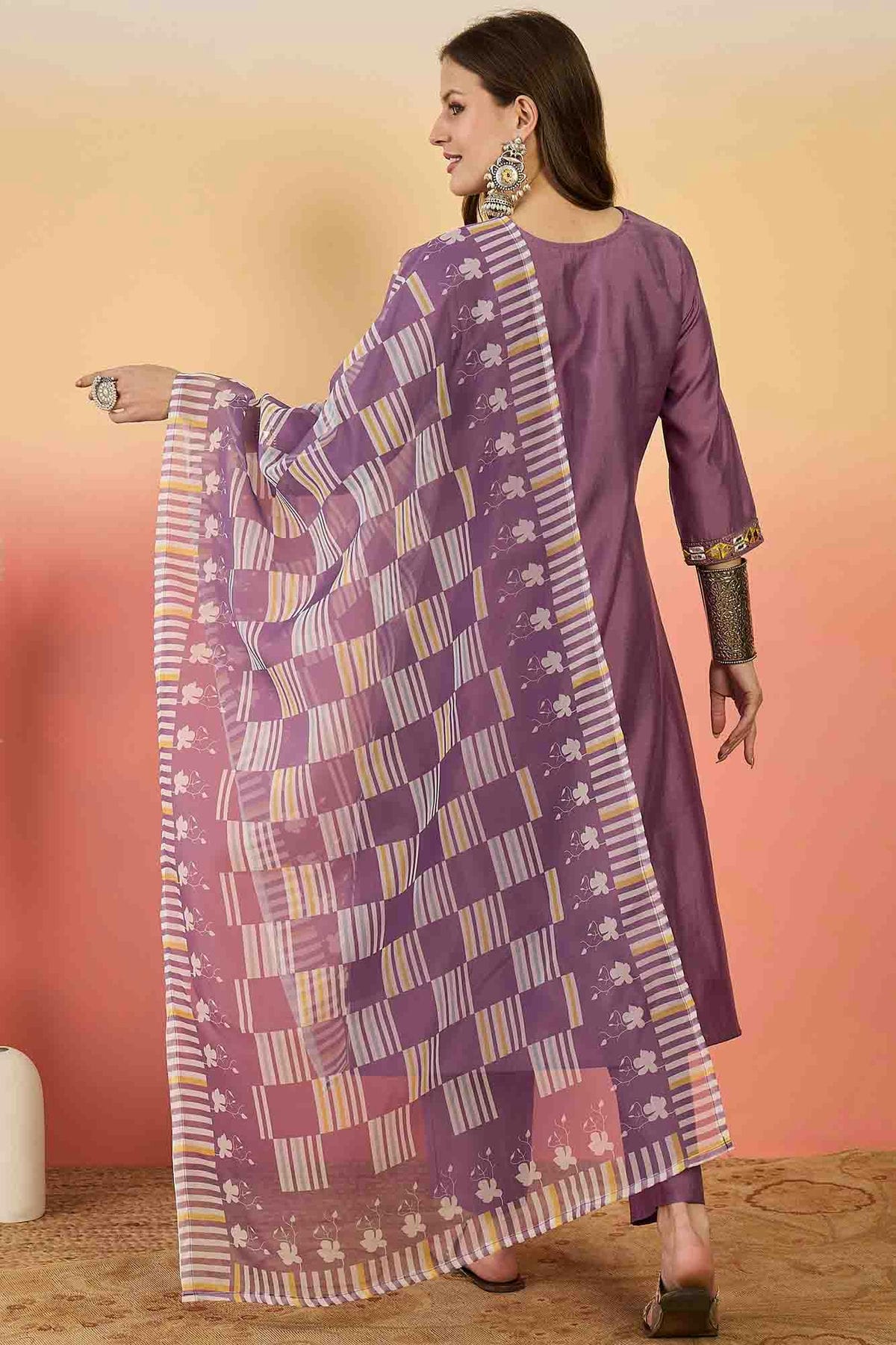 Lavender Colour Roman Silk Stitched Pant Style Suit VSSS1113908