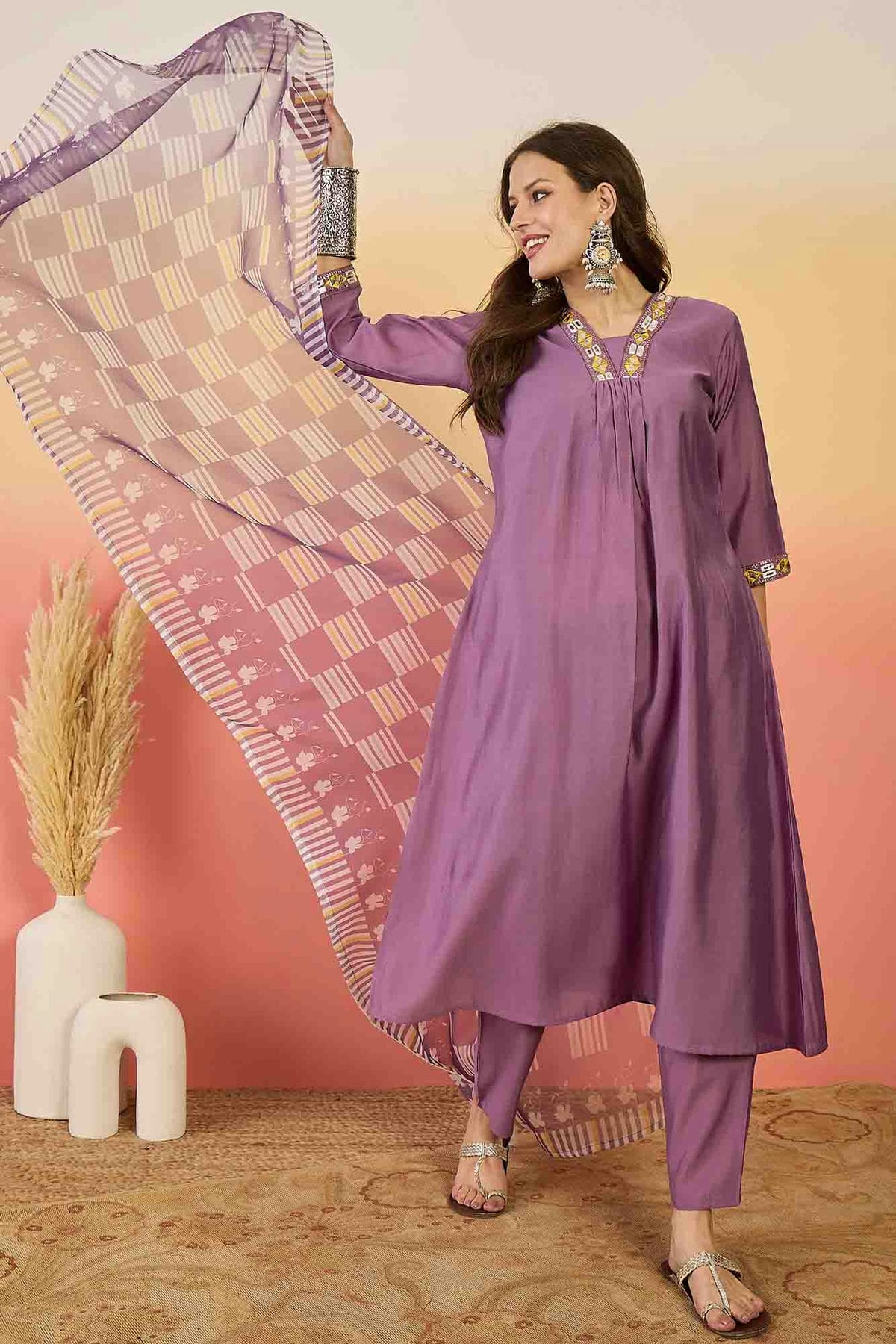 Lavender Colour Roman Silk Stitched Pant Style Suit VSSS1113908