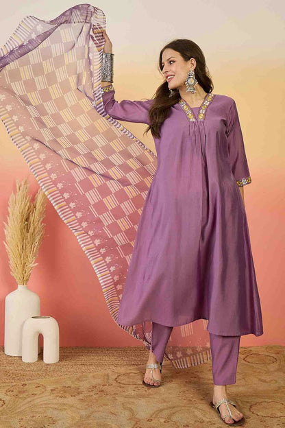 Lavender Colour Roman Silk Stitched Pant Style Suit VSSS1113908