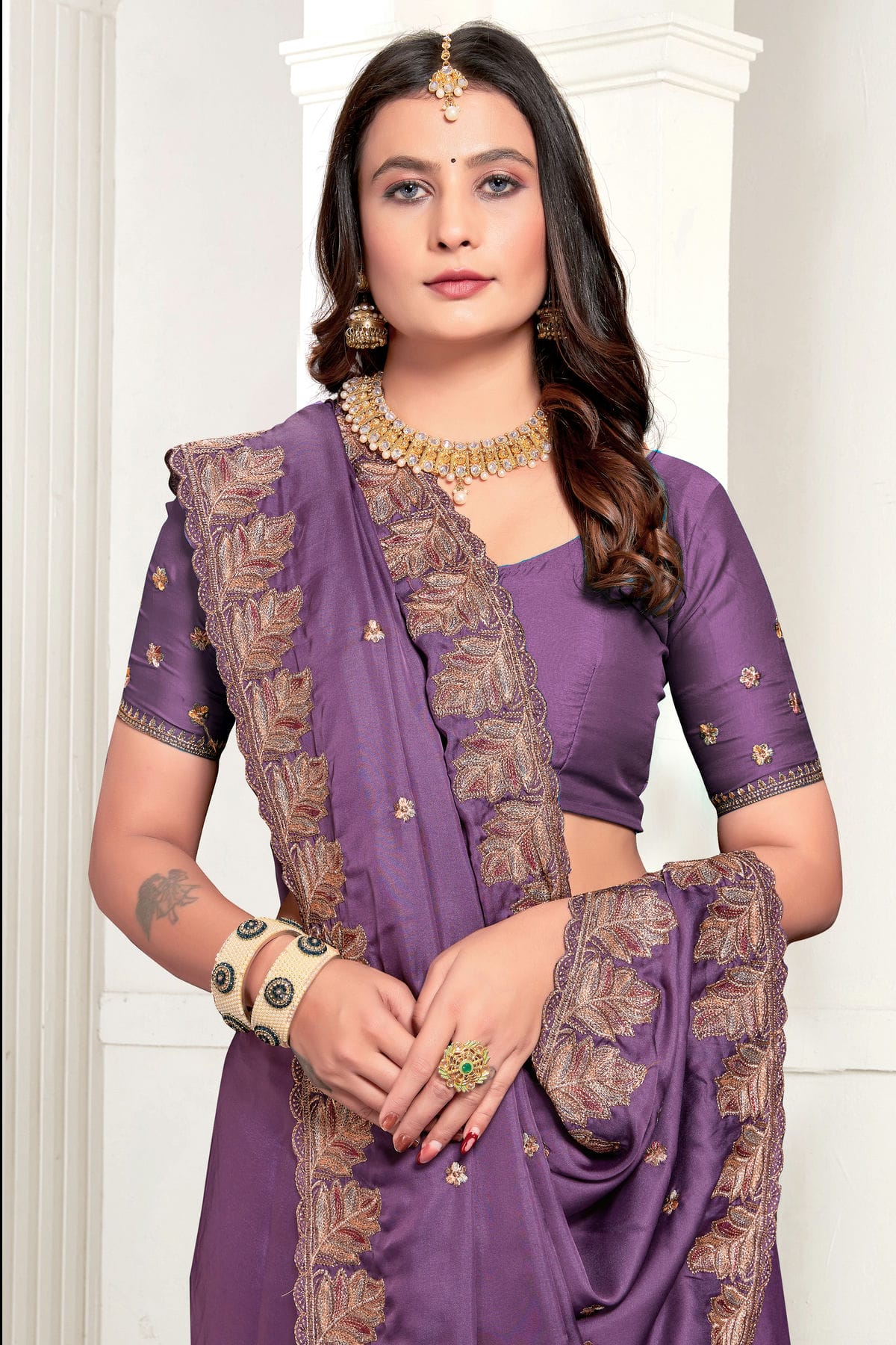 Lavender Colour Satin Designer Saree