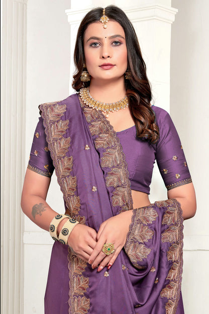 Lavender Colour Satin Designer Saree