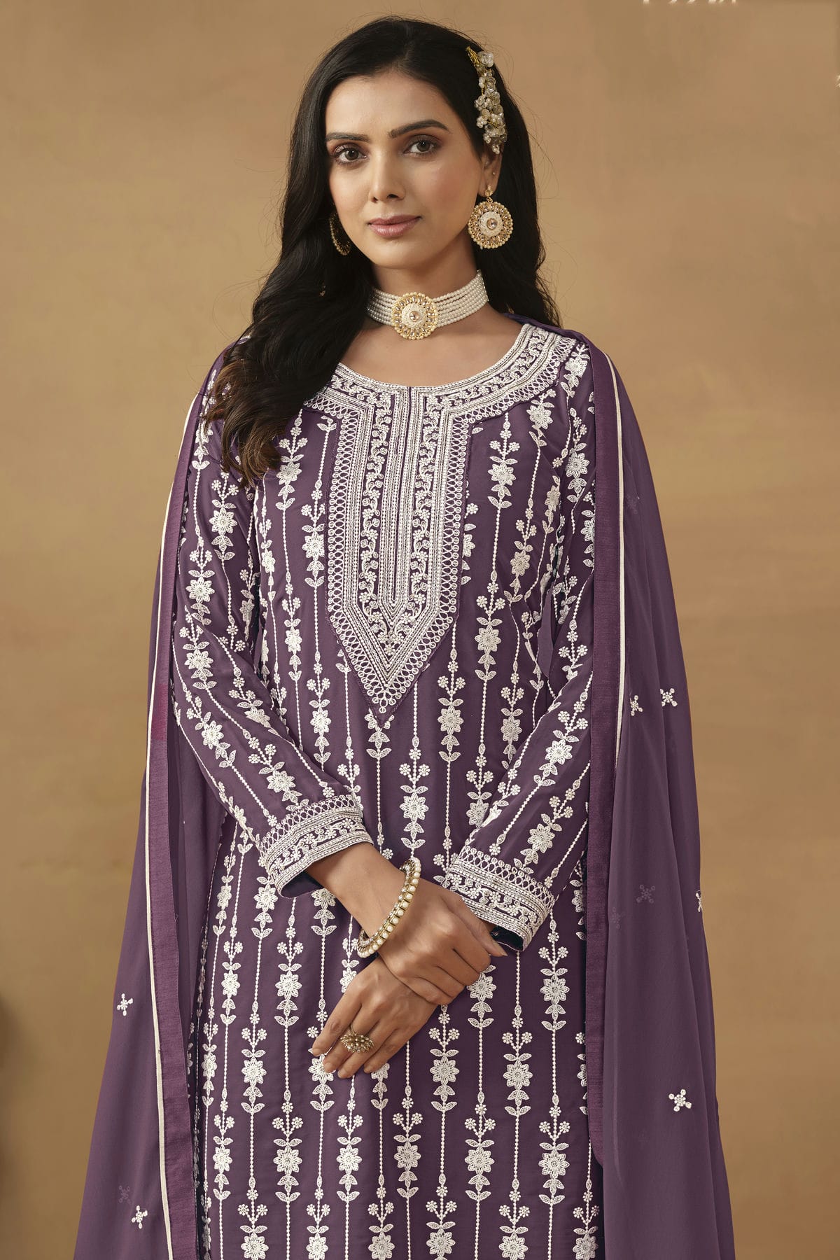 Lavender Colour Semi Stitched Faux Georgette Sharara Suit VSSM1050454
