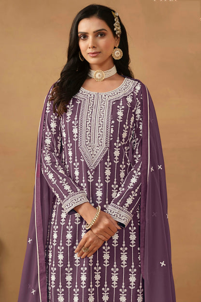 Lavender Colour Semi Stitched Faux Georgette Sharara Suit VSSM1050454