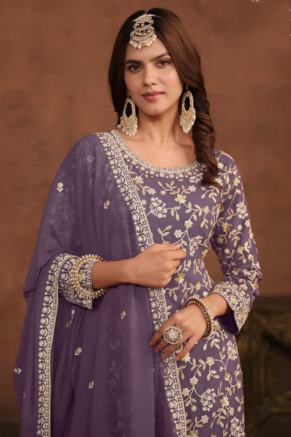 Lavender Colour Semi Stitched Faux Georgette Sharara Suit VSSM1050466