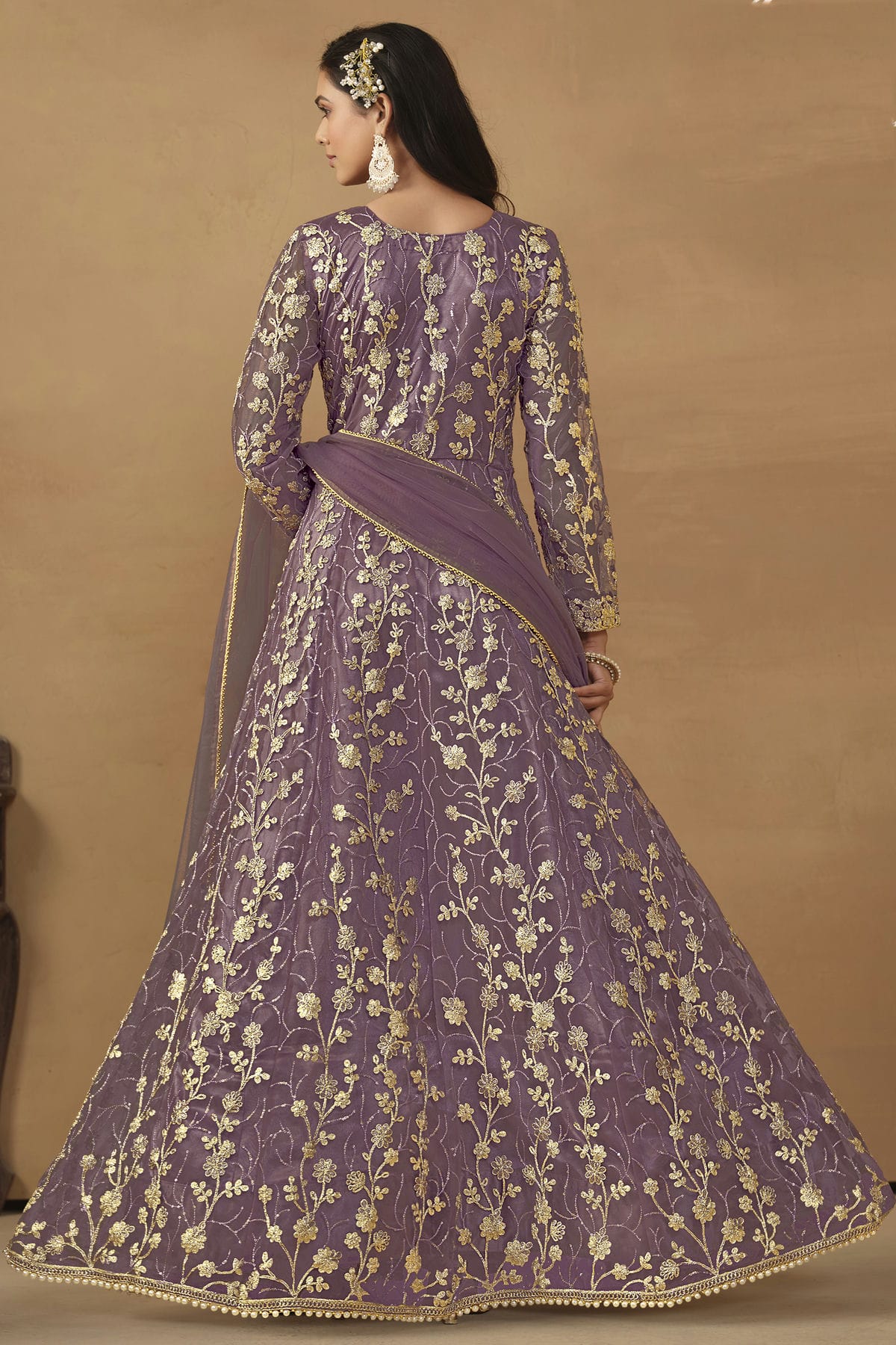 Lavender Colour Semi Stitched Net Pant Style Suit VSSM1050471
