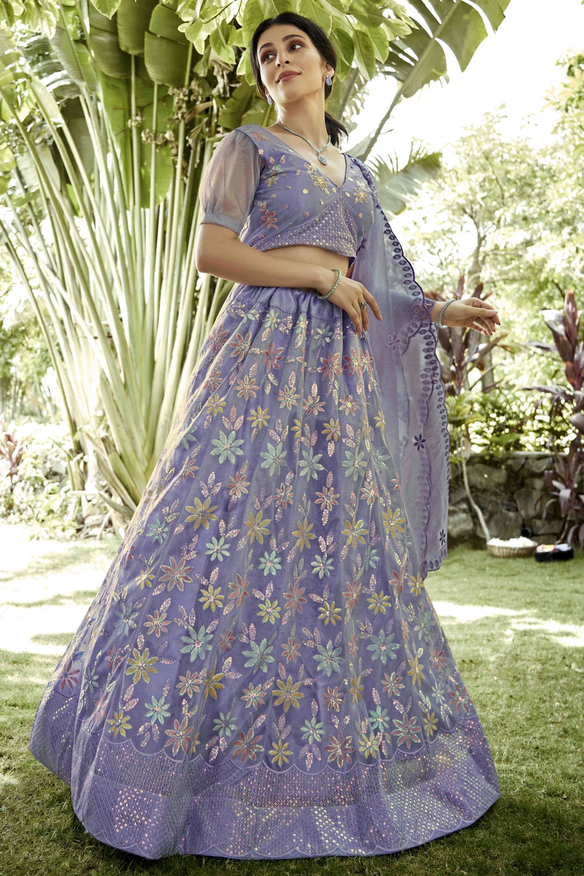 Lavender Colour Silk Net Semi Stitched Lehenga Choli VSLC1170083