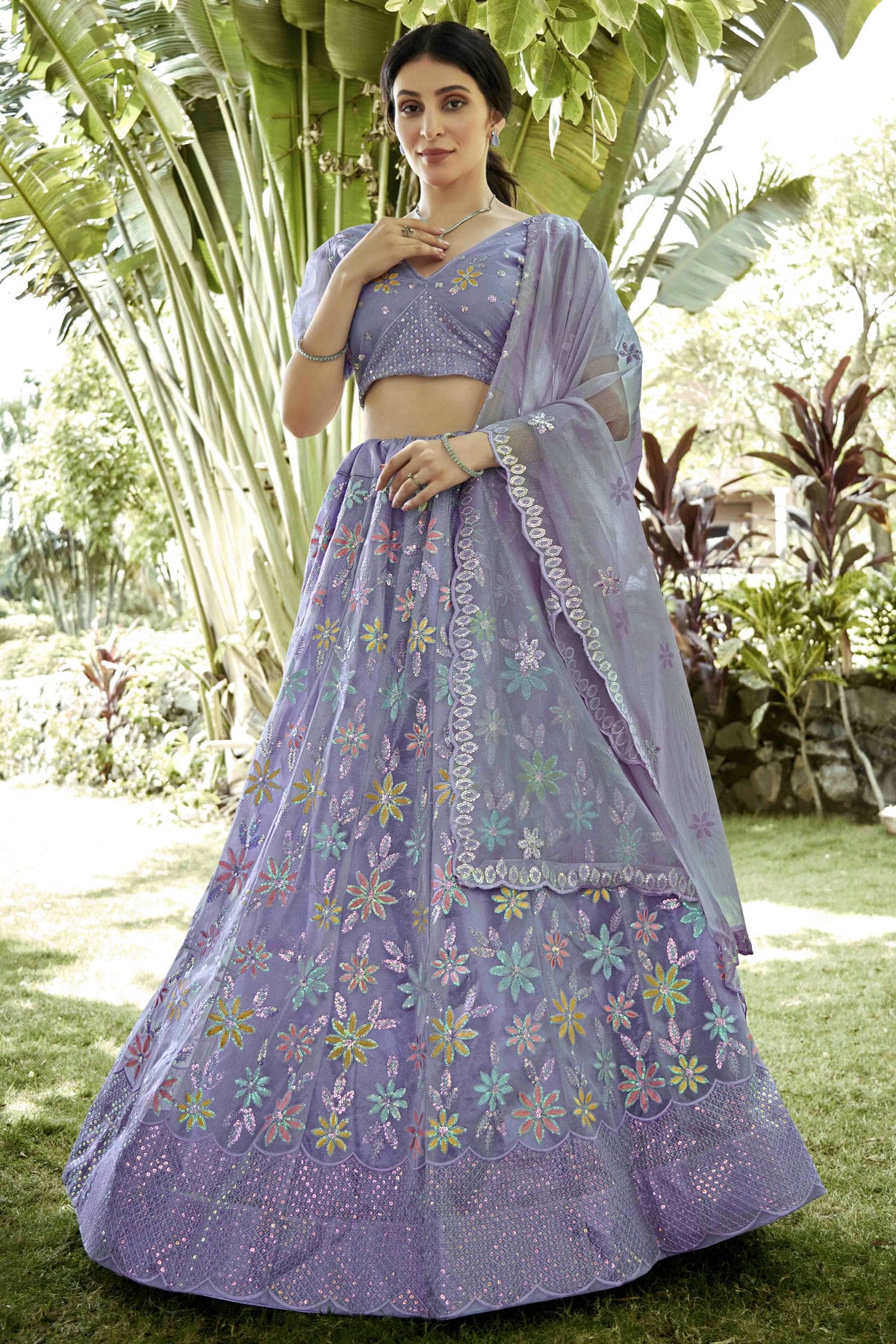 Lavender Colour Silk Net Semi Stitched Lehenga Choli VSLC1170083