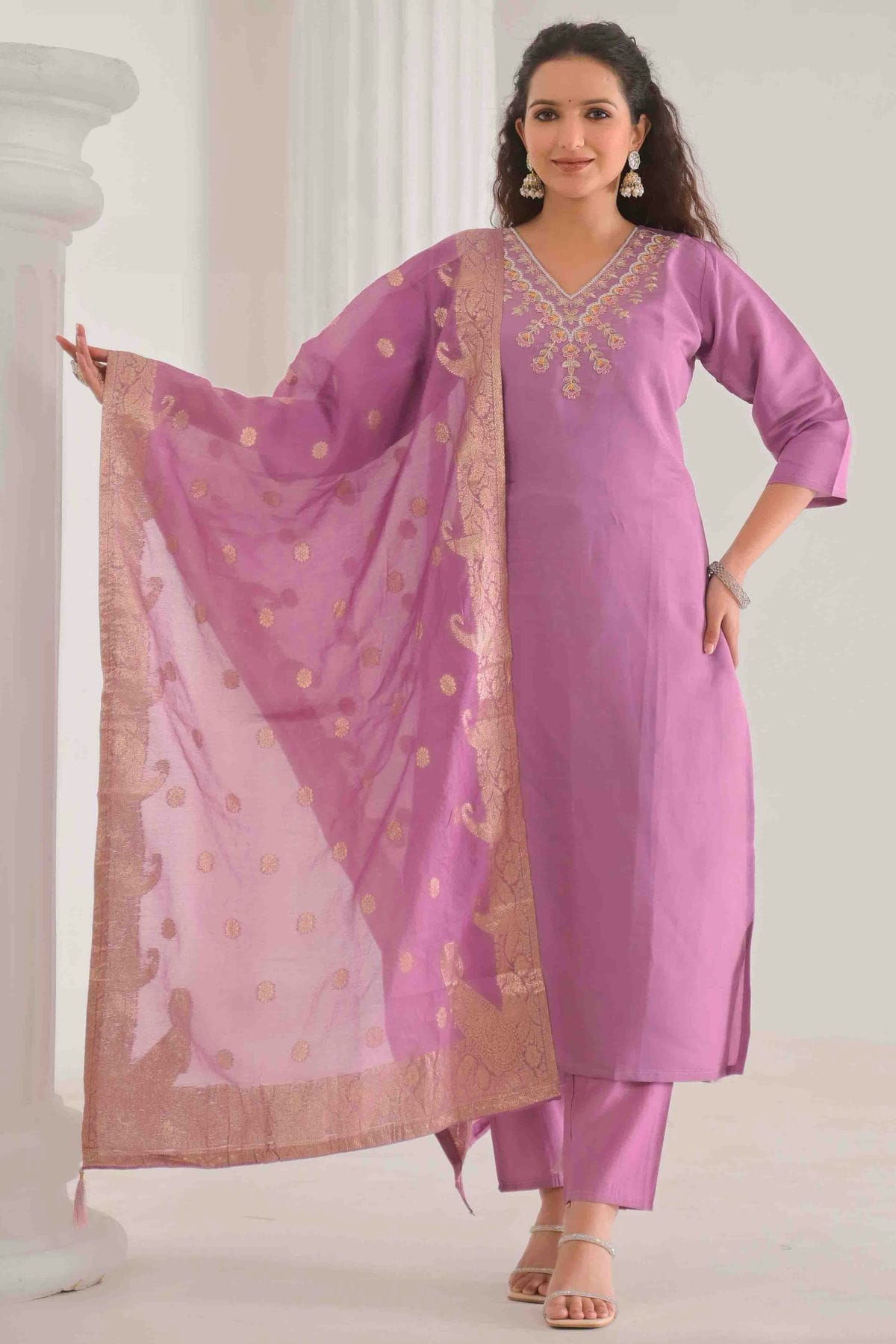 Lavender Colour Viscose Chanderi Stitched Pant Style Suit VSSS1113889