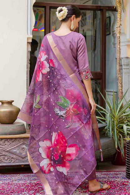 Lavender Colour Viscose Roman Silk Embroidery Pant Style Suit VSSS1113653