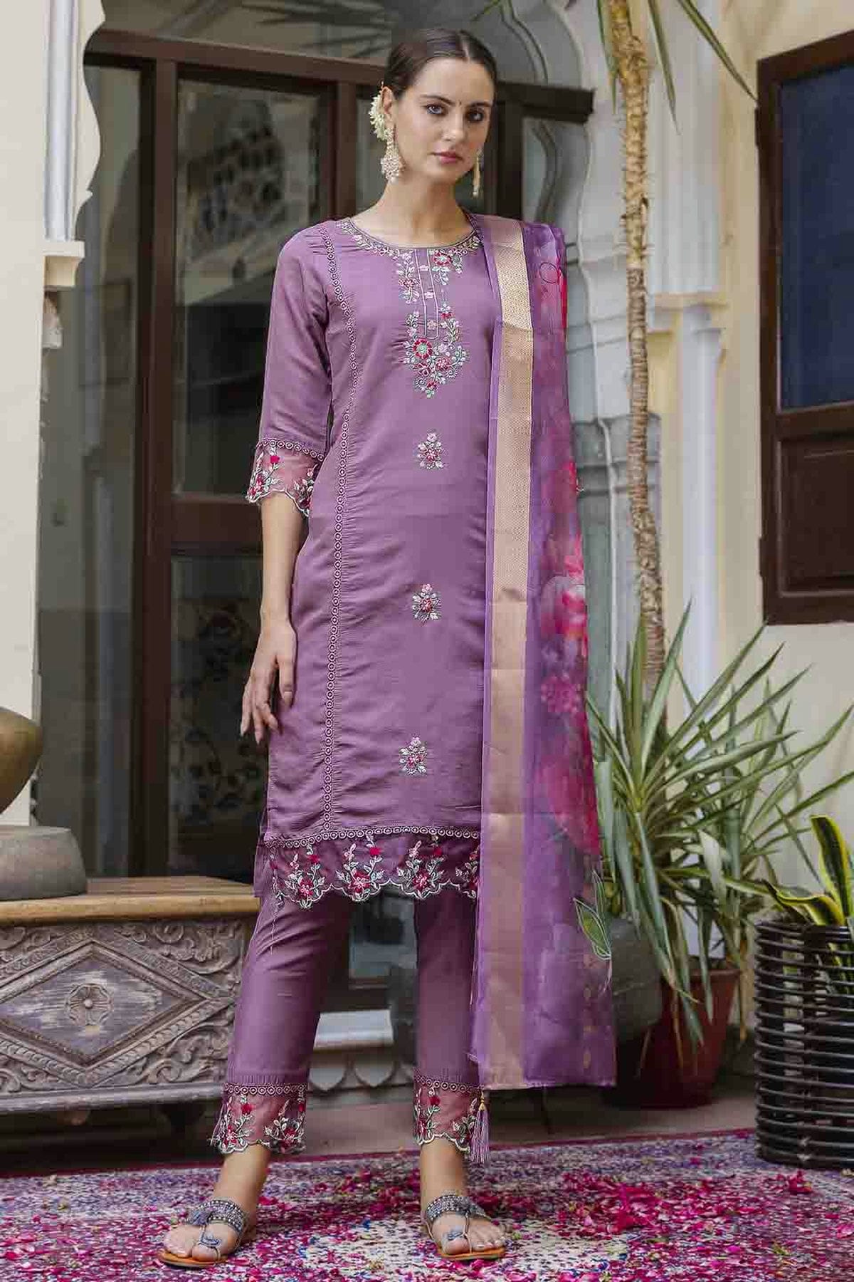 Lavender Colour Viscose Roman Silk Embroidery Pant Style Suit VSSS1113653