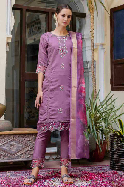 Lavender Colour Viscose Roman Silk Embroidery Pant Style Suit VSSS1113653
