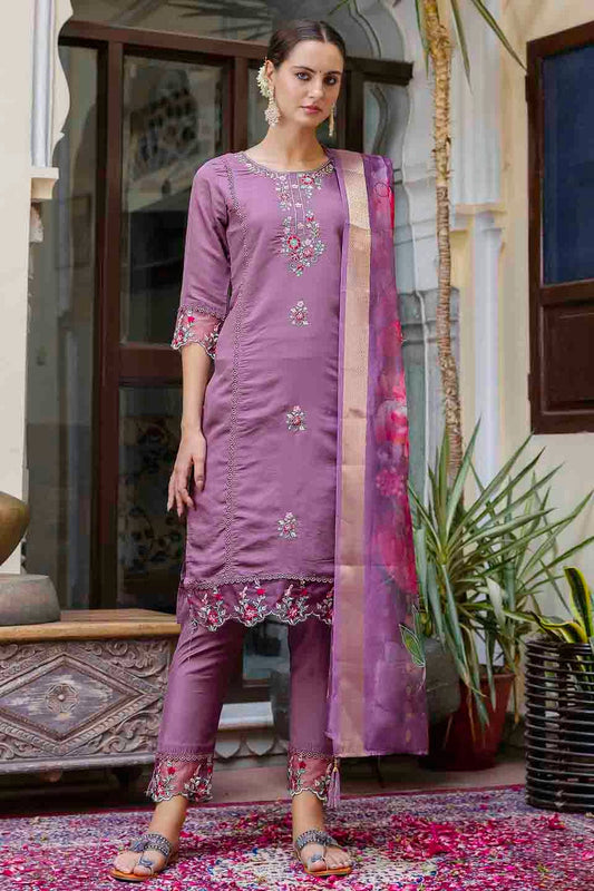 Lavender Colour Viscose Roman Silk Embroidery Pant Style Suit VSSS1113653
