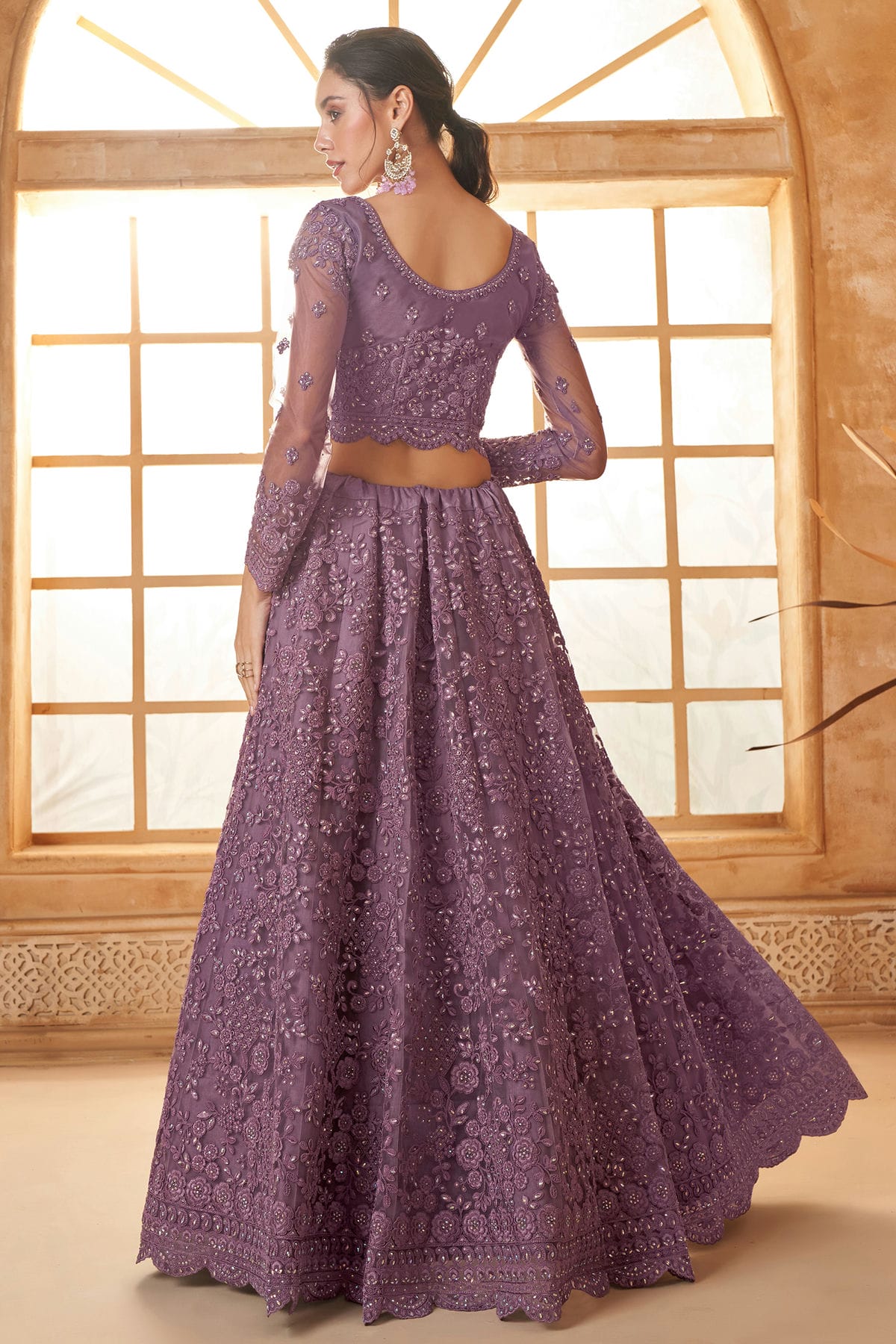 Lavender Embroidery Net and SilK Lehenga Choli VSLC1290139