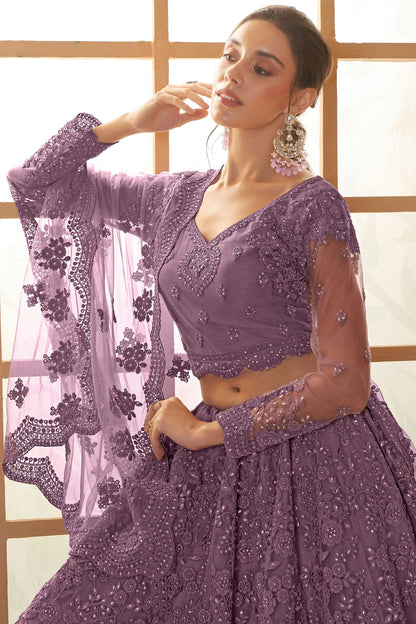 Lavender Embroidery Net and SilK Lehenga Choli VSLC1290139